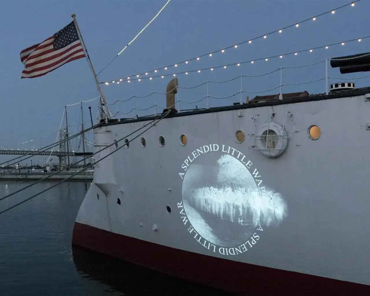Nadia Hironaka &amp; Matthew Suib, Splendid Little War, a video projection with soundtrack for 2016 ArtShip Olympia exhibition, presented by Independence Seaport Museum and Philadelphia Sculptors. Photo courtesy of the artists.