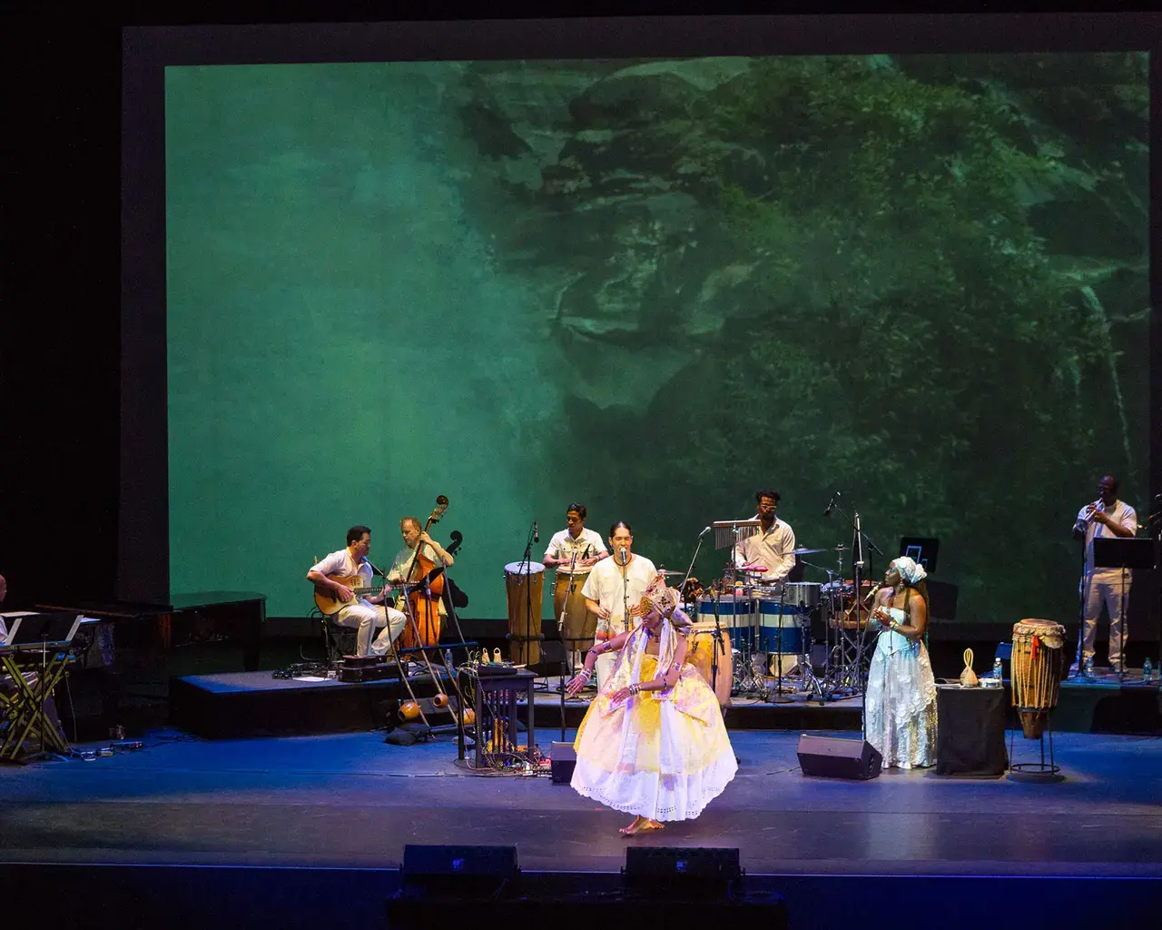 Alex Shaw, musicians, and dancers performing The Mandinga Experiment, 2016. Photo by Aidan Un.