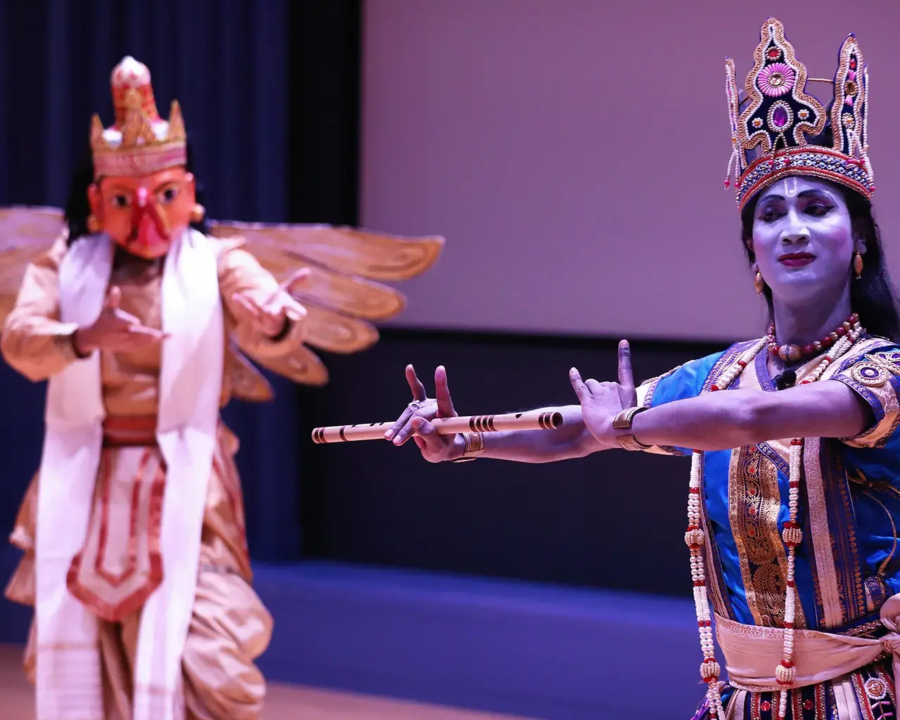 Madhusmita Bora and Sattriya Dance Company with The Dancing Monks of Assam in performance at The Philadelphia Museum of Art. Photo by Bill Hebert, courtesy Madhusmita Bora.