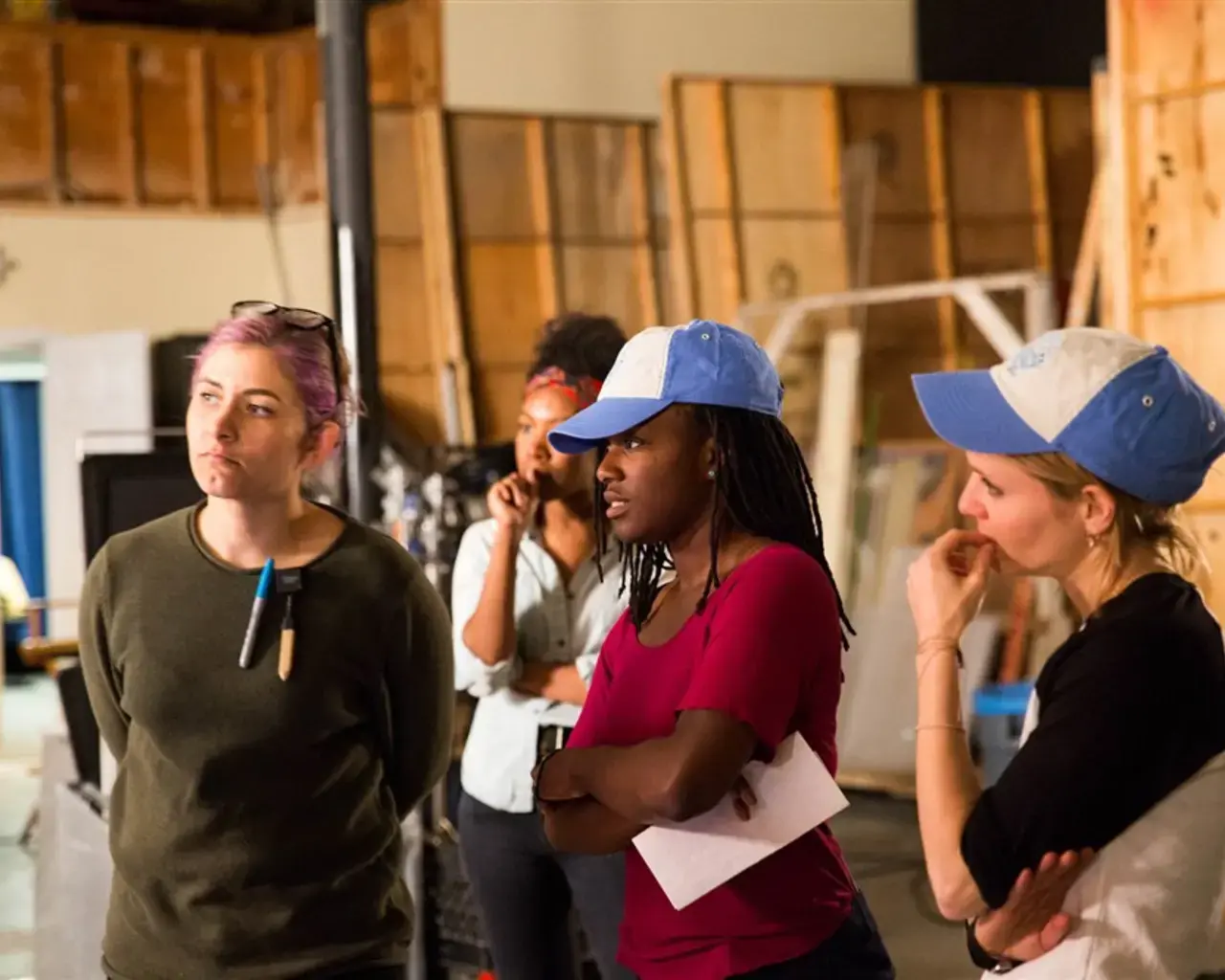 Pew Fellow Shatara Michelle Ford (center)&nbsp;with Eloise Ayala, Ludovica Isidori, and Brionna Rowe on the set of the film Best, 2017. Photo by Ilene Squires.