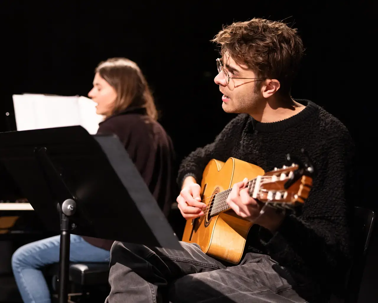 Music director Madeline Benson and composer Daniel Lazour at a developmental workshop for Night Side Songs, Northwestern University.&nbsp;