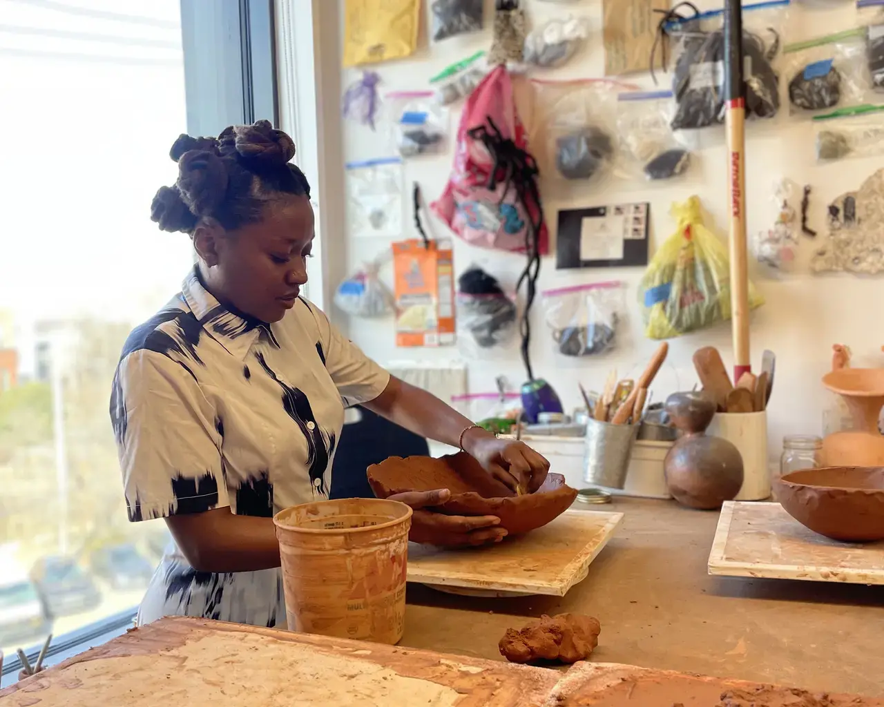 Pew Fellow Adebunmi Gbadebo in her studio space at The Clay Studio. Photo courtesy of The Clay Studio.&nbsp;