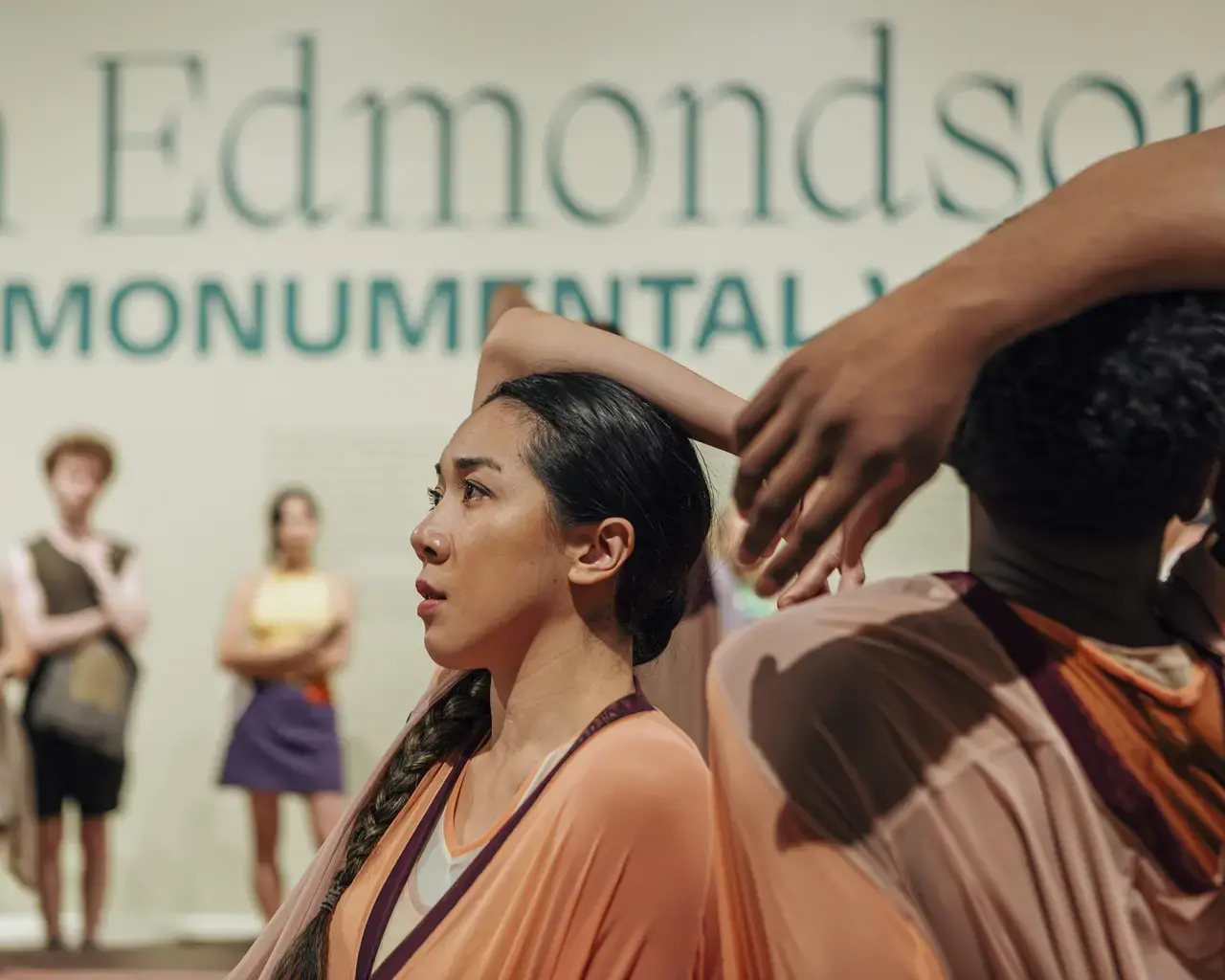 Brendan Fernandes, Returning to Before, 2023, site-specific work performed in relationship to William Edmonson: A Monumental Vision, Barnes Foundation, Philadelphia, PA. Photo by Daniel Jackson.