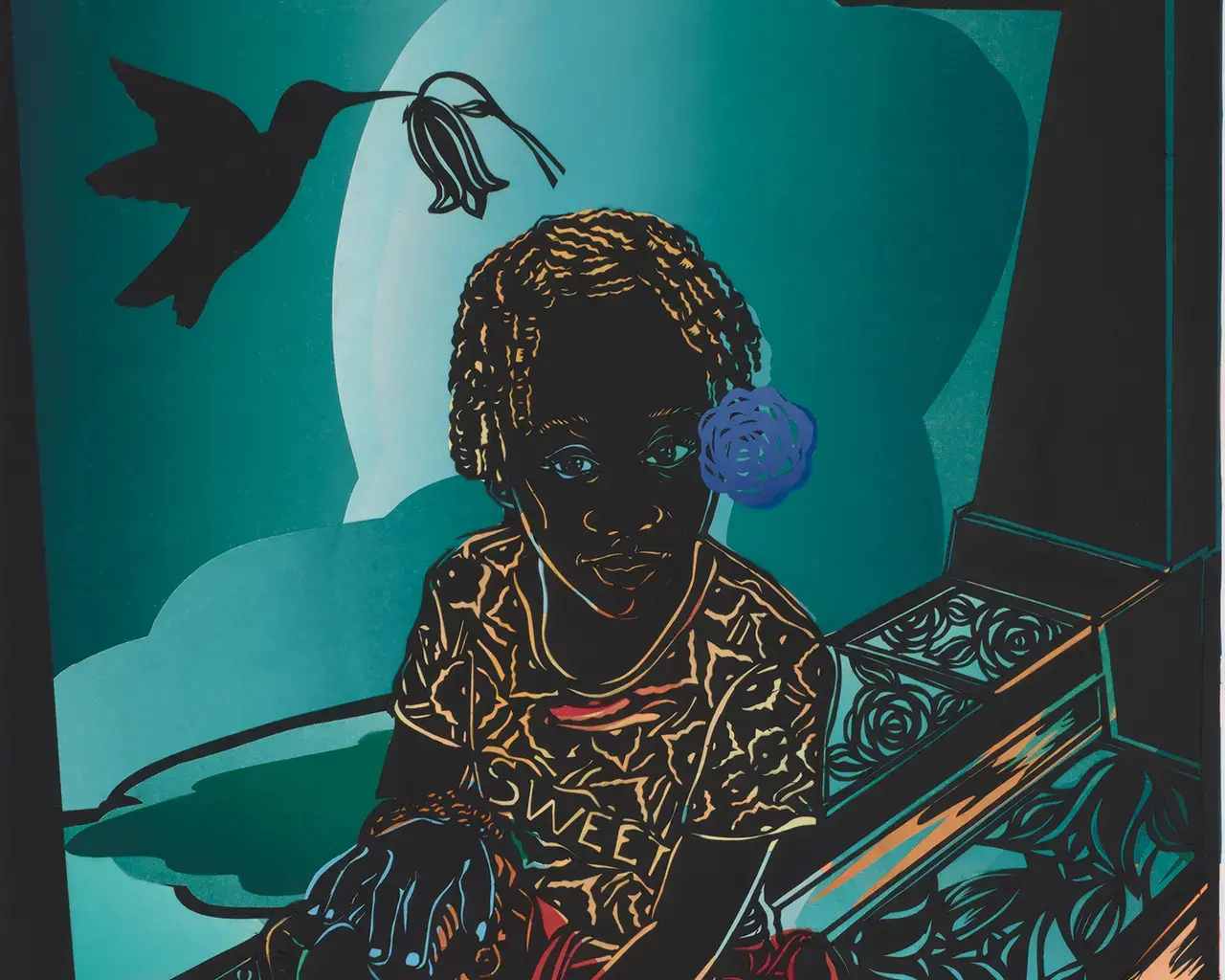 Barbara Earl Thomas, Girl and the World, 2022, paper cut with hand-printed color.