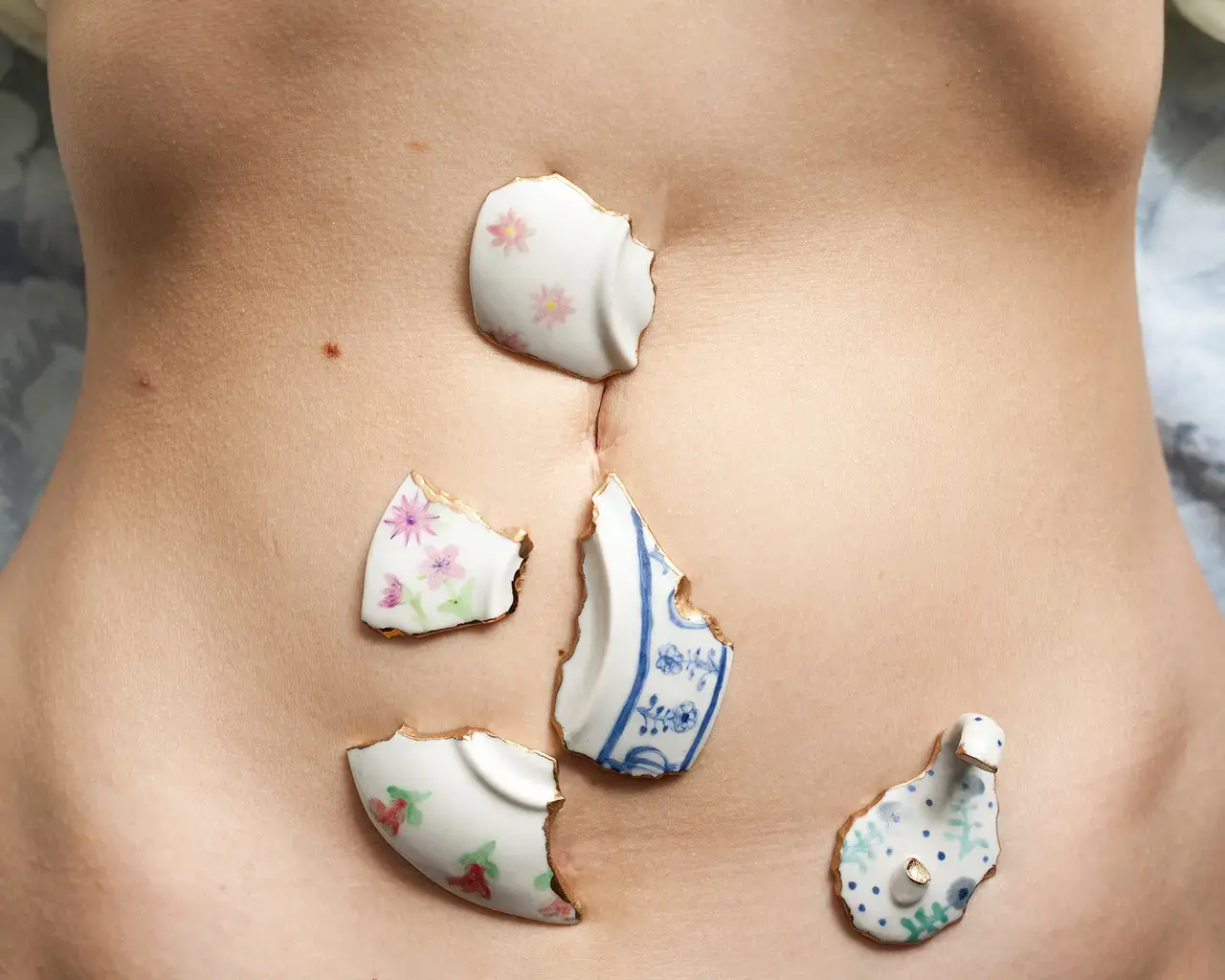 Jennifer Ling Datchuk, One Tough Bitch, 2019; photograph of porcelain shards, china paints, and gold leaf