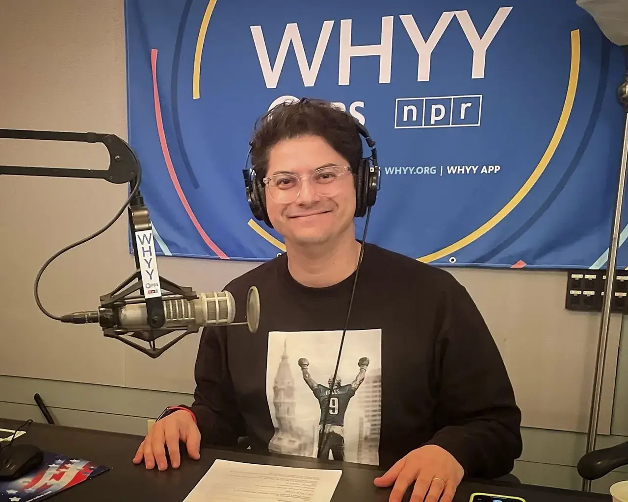 Paul Farber records a podcast at WHYY’s studios.