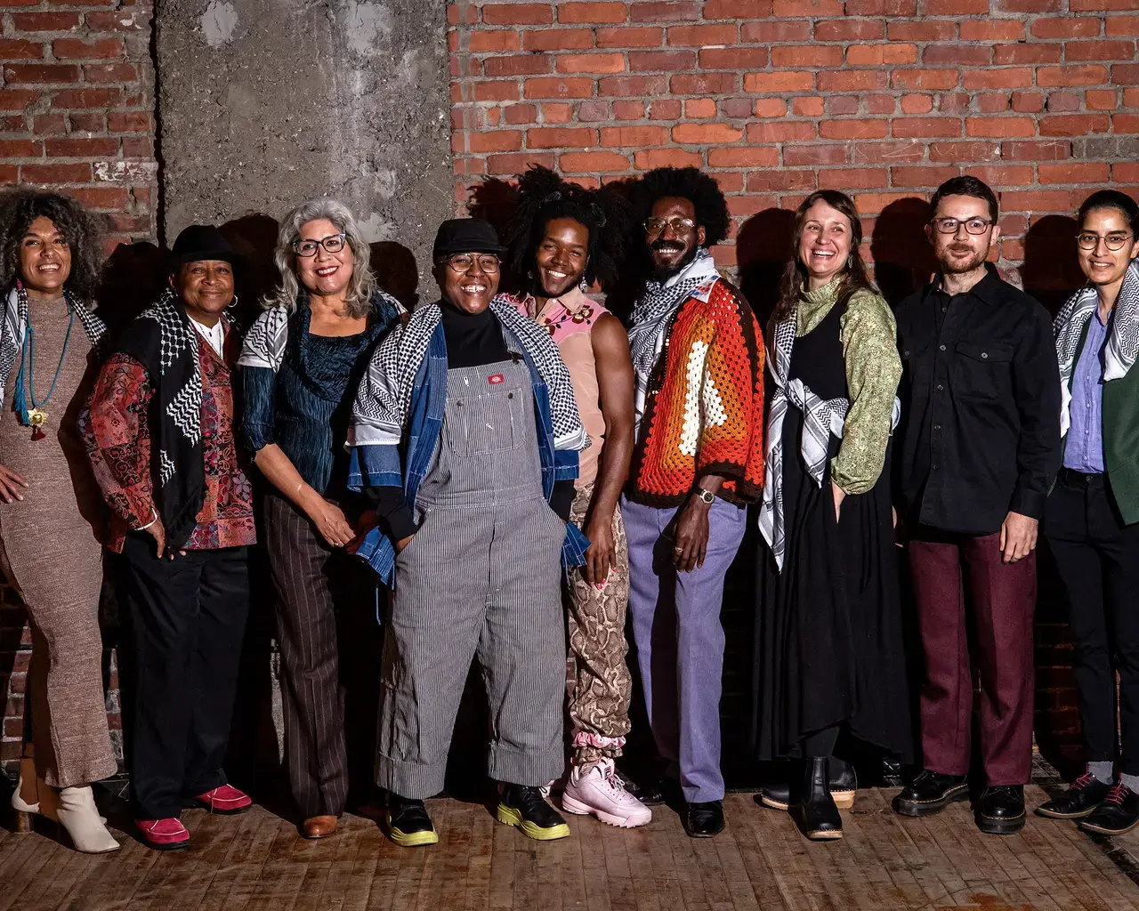 2023 Pew Fellows. From left to right: Samantha Rise, Karen Smith, Sumi Tonooka, Candice Iloh, Vitche-Boul Ra, Vernon Jordan, III, Kristen Neville Taylor, Armando Veve, and Shehrezad Maher (not pictured: Carmen Maria Machado, Darius Clark Monroe, and Phillip B. Williams). Photo by Ashley Smith, Wide Eyed Studios.