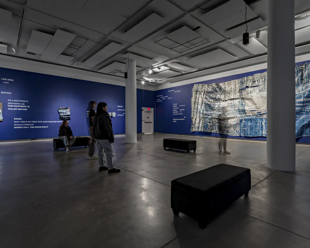 An installation view of James Allister Sprang's "Rest Within the Wake," a weaving and sound installation at ICA at Maine College of Art & Design.