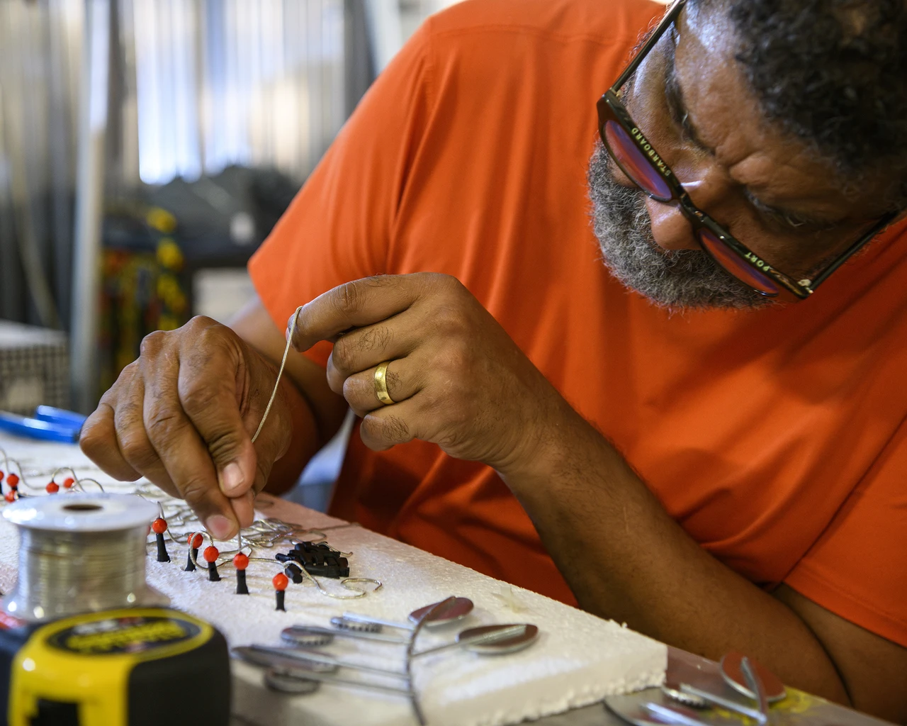 Pew Fellow&nbsp;Pepón Osorio creating work for Convalescence in his studio,&nbsp;July&nbsp;2024, Thomas Jefferson University. Photo by Constance Mensh.