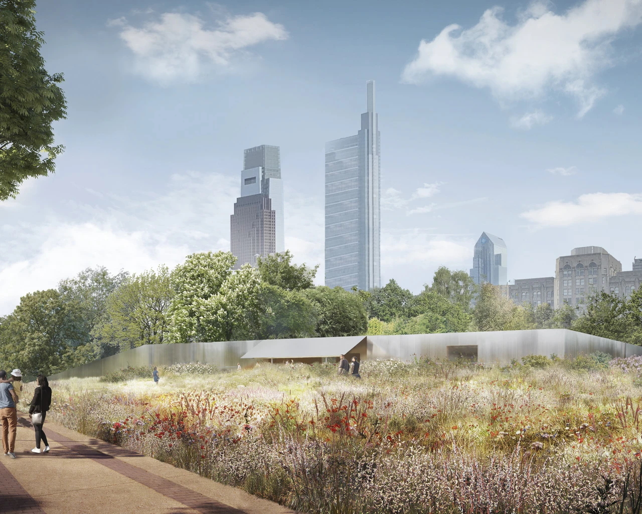 Entrance rendering, Calder Gardens, 2022. Image courtesy of The Barnes Foundation, Herzog &amp; de Meuron, and Calder Foundation, New York. Photo courtesy of Calder Foundation, New York / Art Resource, New York; photo © Calder Foundation, New York; work by Alexander Calder © Calder Foundation, New York / Artists Rights Society (ARS), New York; rendering © Herzog &amp; de Meuron.