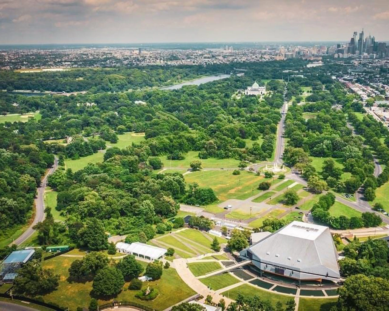 Aerial view of the Mann Center, Philadelphia, PA. Photo by Sam Silkworth.