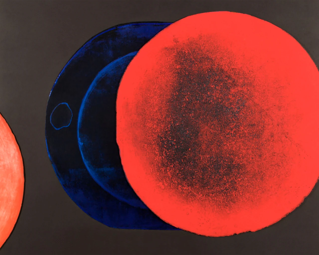 El Anatsui, Cadmium-Vermillion Eclipse (from the Eclipse Series), 2016; ink on Somerset paper, with chine collé hand-painted paper and foil; 38 3/4" x 38 3/4," Edition of 3. Courtesy of the artist and Jack Shainman Gallery, New York