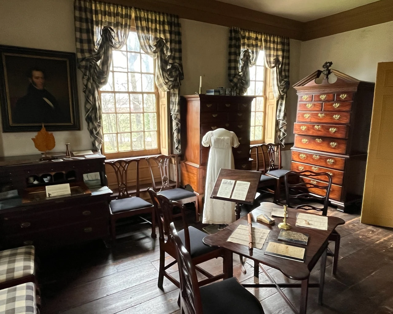 Charles Logan's chest of drawers, exhibited in the Blue Lodging Room, 2024, Stenton. Photo by Dennis Pickeral.