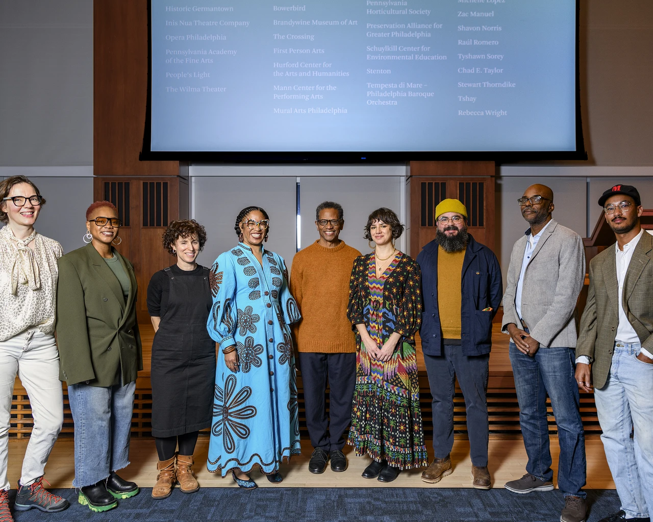 2024 Pew Fellows. From left to right: Stewart Thorndike, Tshay, Rebecca Wright, Shavon Norris, Ralph Lemon, Bettina Escauriza, Raúl Romero, Chad E. Taylor, and Zac Manuel. (Not pictured: Mikel Patrick Avery, Michelle Lopez, and Tyshawn Sorey.) Photo by Constance Mensh.