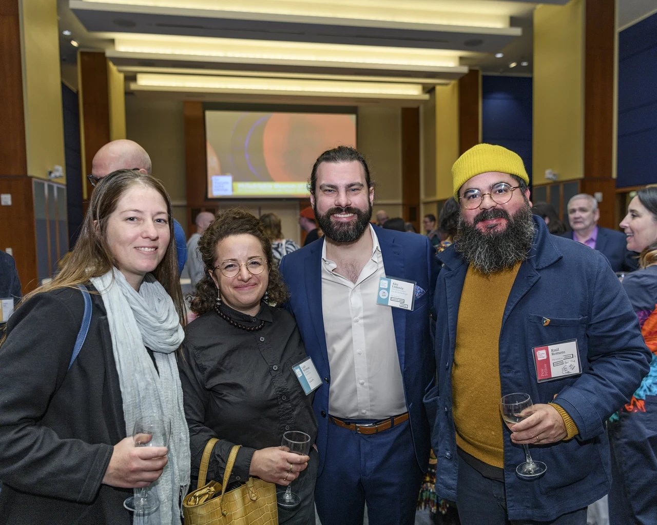 Susan Romero, Leah Reisman (Program Officer, The Barra Foundation), Alec Unkovic (Program Officer for Visual Art &amp; Creative Practices, The Pew Center for Arts &amp; Heritage), and Raúl Romero (2024 Pew Fellow, sound and installatin artist). Photo by Constance Mensh.