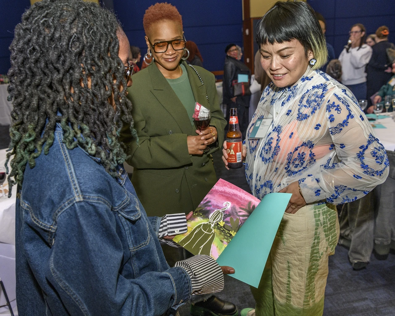 Kayla Childs (musician), Tshay (2024 Pew Fellow, filmmaker, and photographer), and Anne Ishii (Program Director, United States Artists). Photo by Constance Mensh.