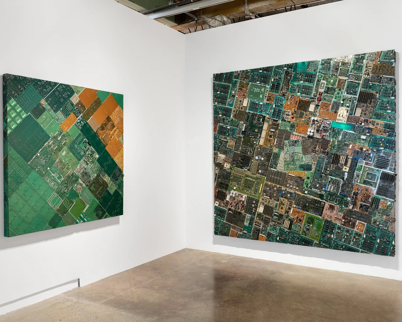 Carl Cheng, Anthropocene Landscape 2 and Anthropocene Landscape 1, 2006, printed circuit boards and rivets on aluminum. Photo by Alex Boeschenstein, courtesy of The Contemporary Austin.&nbsp;