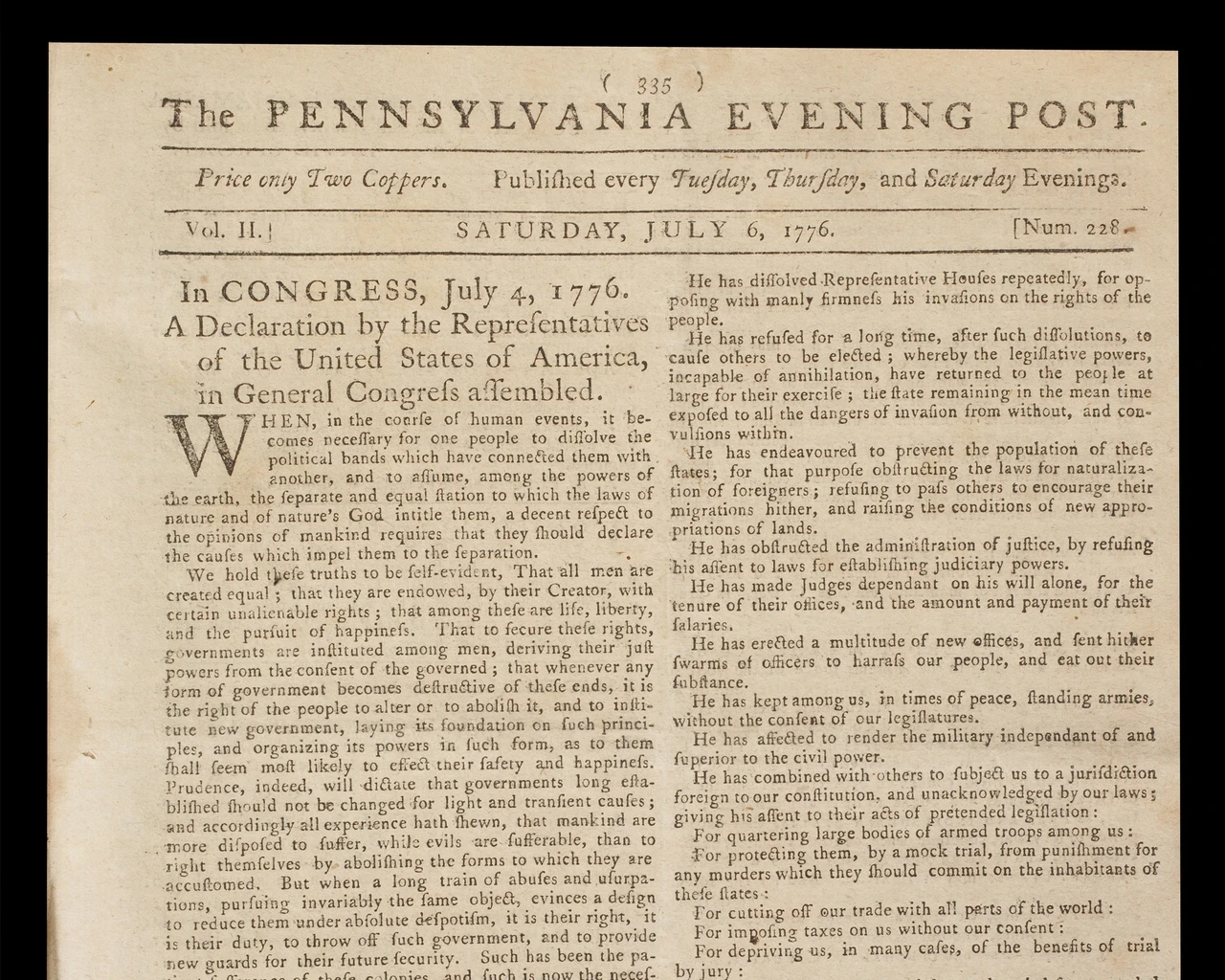 The Pennsylvania Evening Post, the first newspaper to publish the words of the Declaration of Independence on July 6, 1776. Image courtesy of the Museum of the American Revolution.
