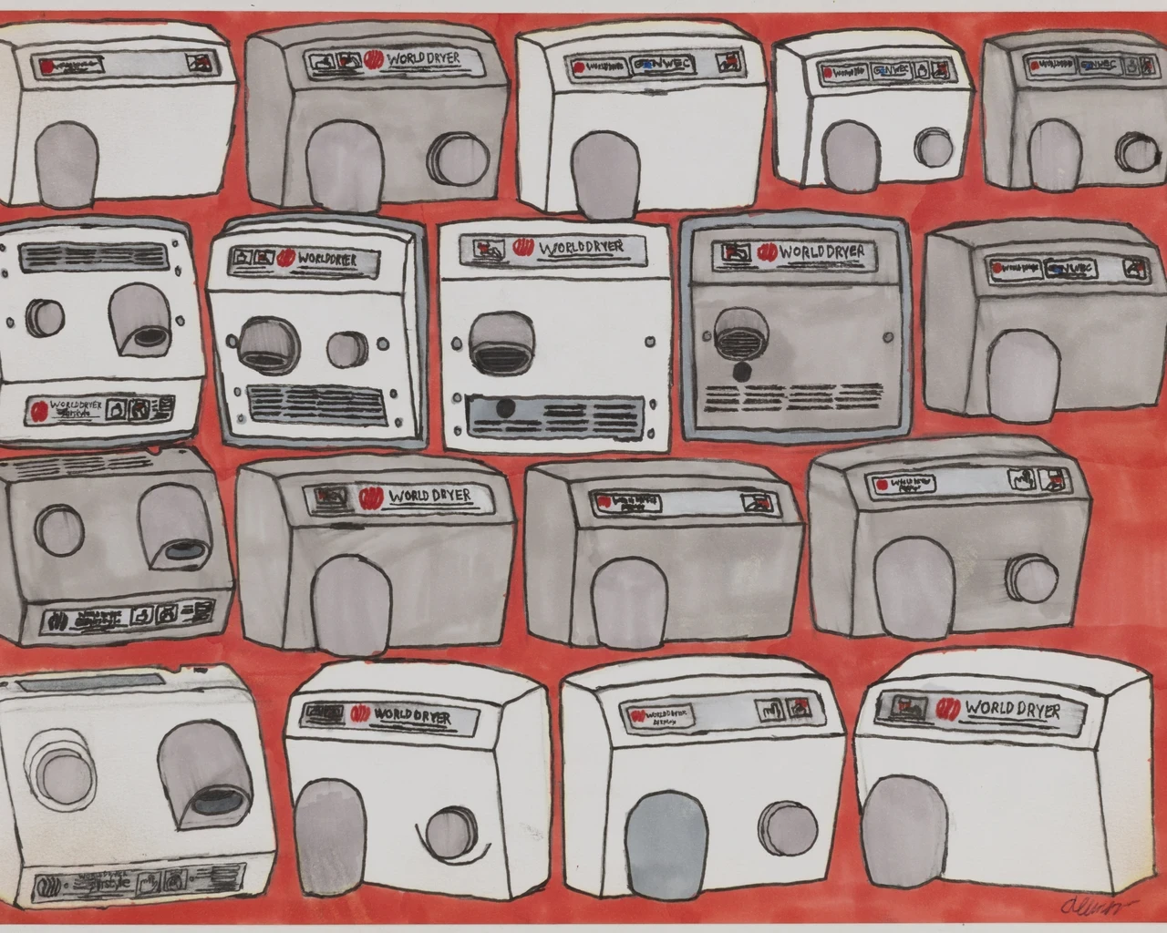 Allen Yu, Hair and Hand Drying Air Drying Machines, 2024; archival marker on paper. Image courtesy of the Hurford Center for the Arts and Humanities.