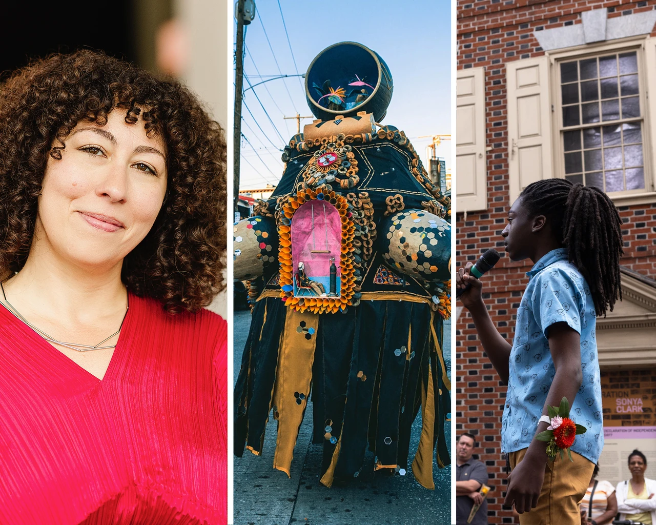 Christina Vassallo, Pew Center for Arts & Heritage executive director; Pew Fellow José Ortiz-Pagán; A performance at Monument Lab's Declaration House.
