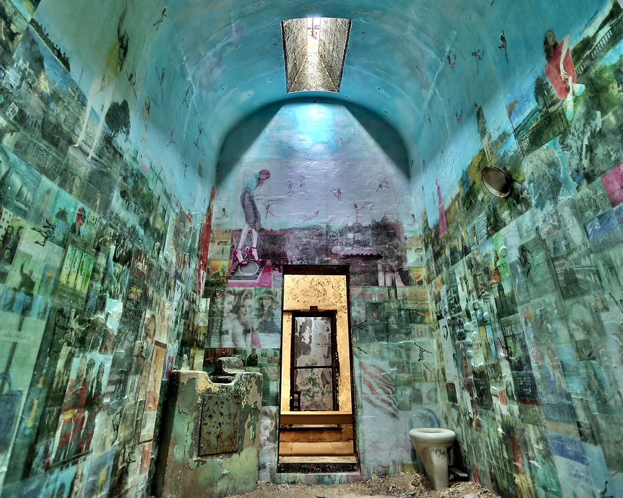 Jesse Krimes, Apokaluptein:16389067, 2024, collage, gel, spoon, prison bedsheets, Eastern State, Philadelphia, Pennsylvania. Photo by Darryl Moran, courtesy of Eastern State.&nbsp;