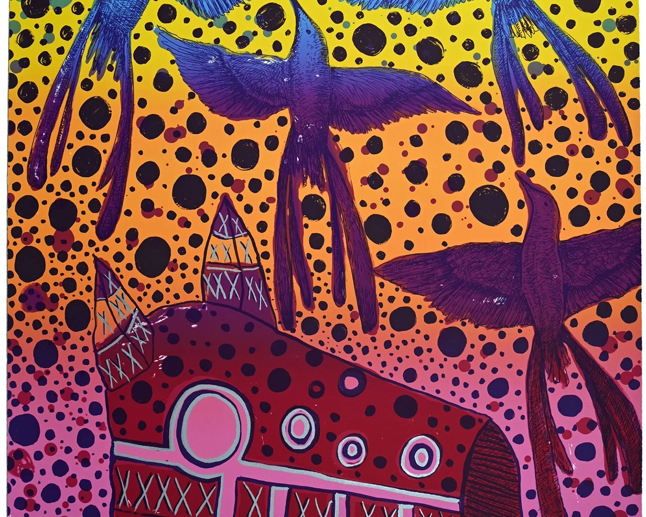 John Hitchcock, Shouting Lightning from Their Eyes (Winter Birds), 2021, lithograph, 34" x 25", printed and published by Crow’s Shadow Institute of the Arts, Umatilla Indian Reservation, outside of Pendleton, OR.&nbsp;Image courtesy of The Print Center.