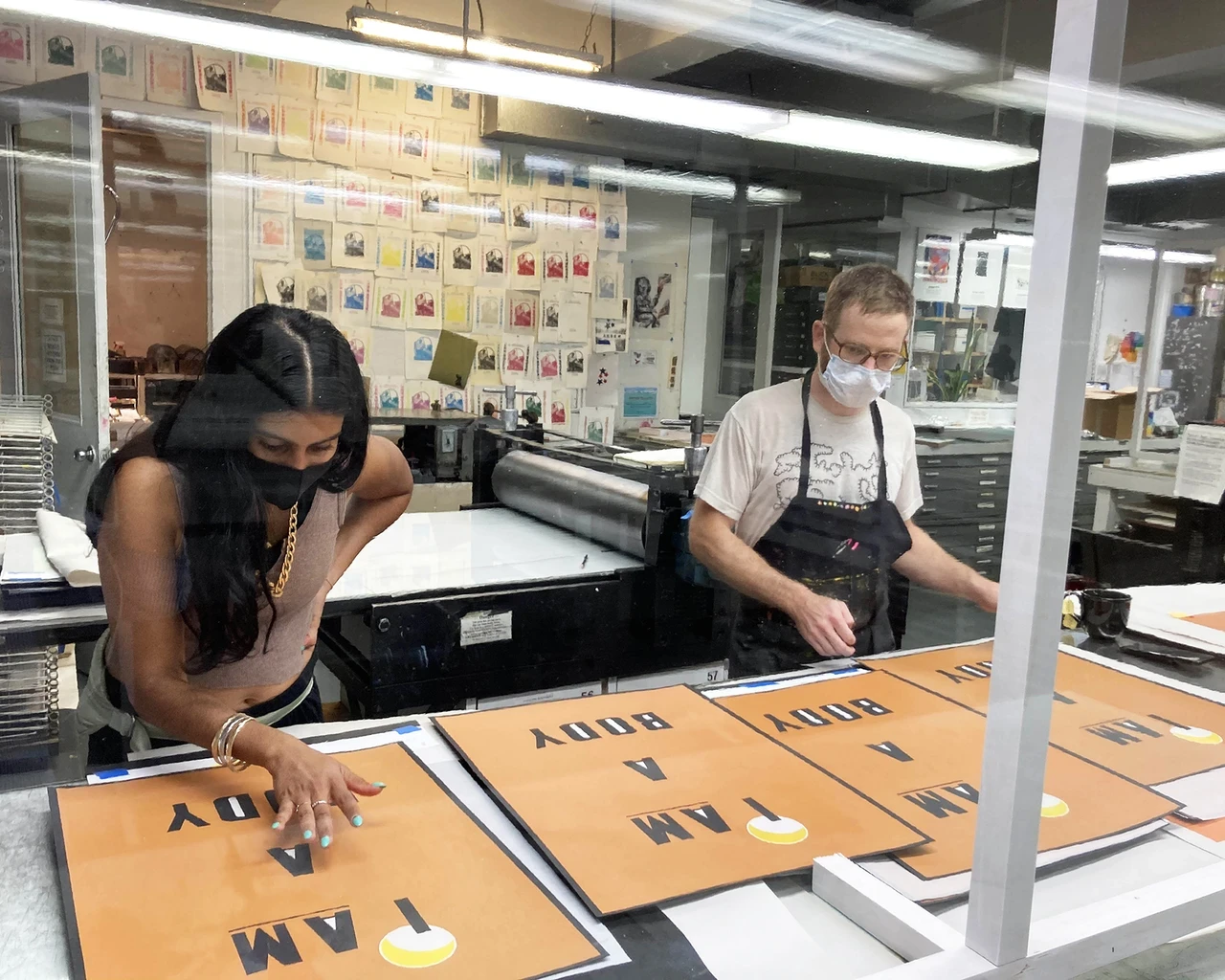 Workshop view, Baseera Khan collaborates with a master printer at EFA/Robert Blackburn Printmaking Workshop on I AM A BODY (ORIGINAL), 2020, 24” x 18”, screenprint. Photo courtesy of EFA/Robert Blackburn Printmaking Workshop.&nbsp;