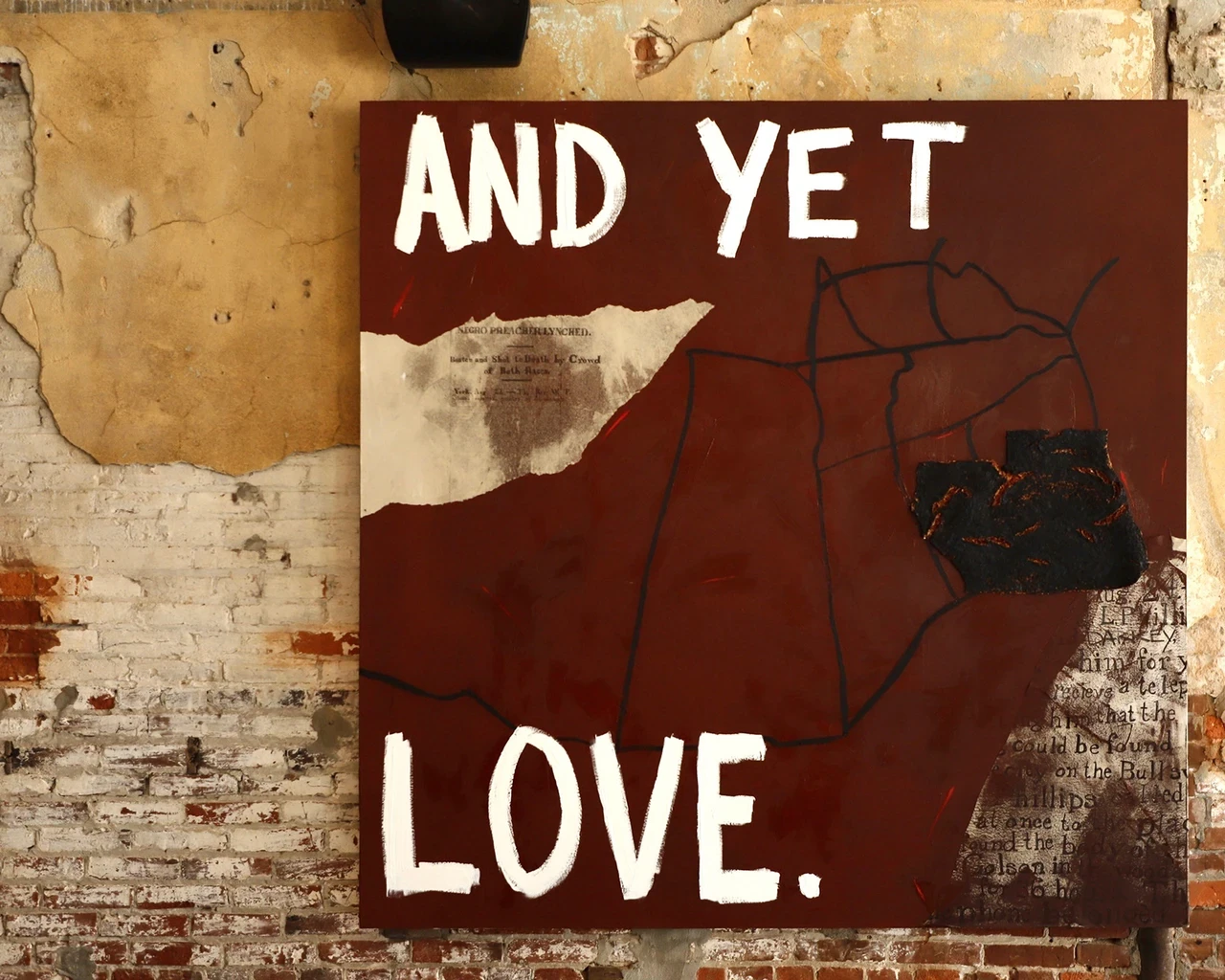 Pew Fellow Omar Tate, Hot Sauce is Thy Blood, oil, newspaper, pastel, and dried hot sauce pulp on canvas. Photo by Hamza Edwards.