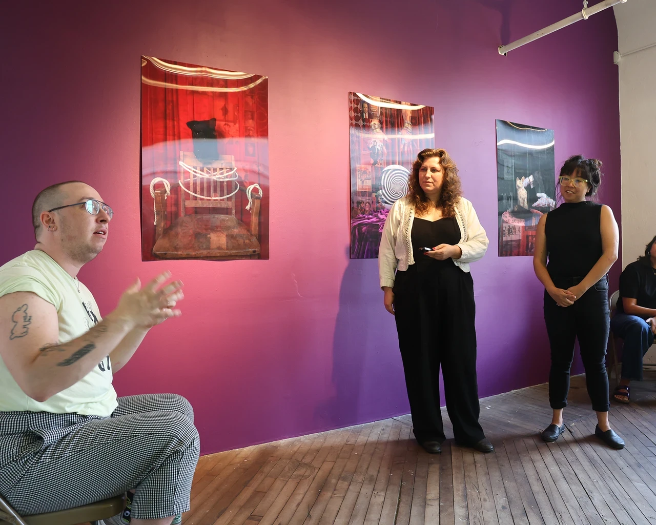 Documentation of a public artist talk (left) featuring Artist-in-Residence Amy Yoshitsu in conversation with Vox member Stephanie Bursese. Photo by Raúl Romero.&nbsp;