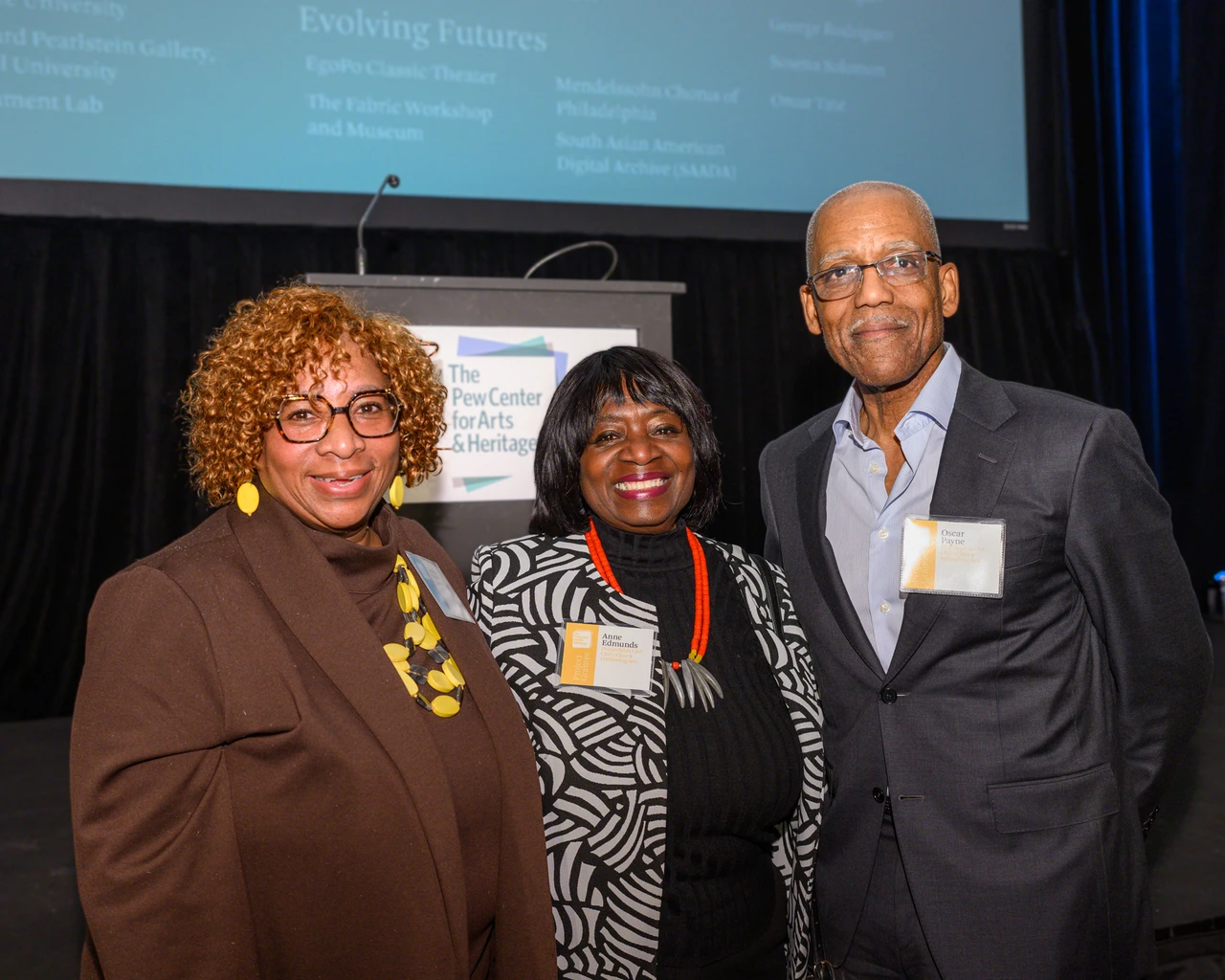 Donna Frisby-Greenwood (Senior Vice President, The Pew Charitable Trusts) with Anne Edmunds (Strategic Advisor, Philadelphia Clef Club of Jazz &amp; Performing Arts) and Oscar Payne (Managing Director, Philadelphia Clef Club of Jazz &amp; Performing Arts).&nbsp;Photo by Constance Mensh.