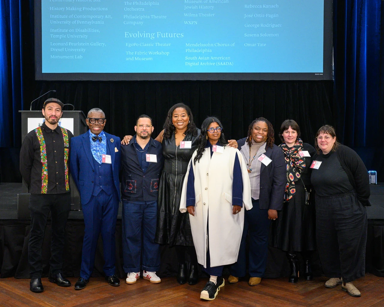 2025 Pew Fellows George Rodriguez, John E. Dowell Jr., José Ortiz-Pagán, Jos Duncan Asé, Sosena Solomon, Kendrah Butler-Waters, Rebecca Kanach, and Emma Copley Eisenberg (not pictured: 2025 Fellows Jonathan González, Rose Jarboe, Nathalie Joachim, and Omar Tate).&nbsp;Photo by Constance Mensh.