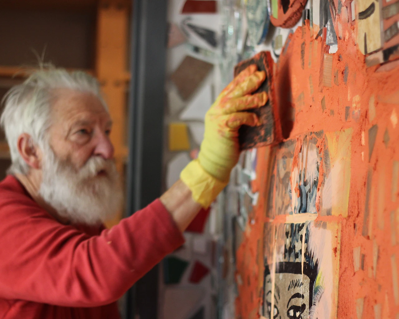 Isaiah Zagar, 1995 Pew Fellow, works in Philadelphia's Magic Gardens in 2015. Photo courtesy of Philadelphia's Magic Gardens.