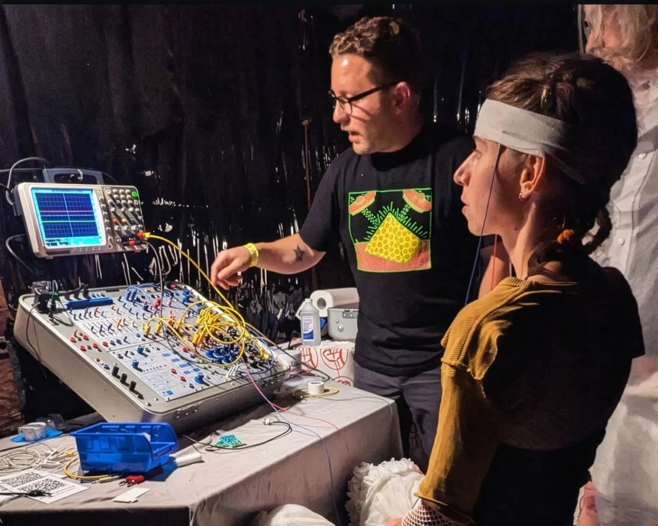 The Buchla EEG Conditioner Model 276 in action: a subject tries controlling a synthesizer with her mind. MEMS will be installing this system into our exhibition. Photo courtesy of The M.E.M.S. Project.