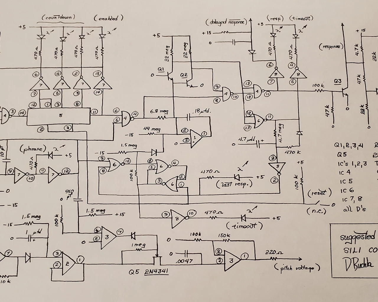 Don Buchla's original hand-drawn schematic for the Sili-Con Cello, a one-of-a-kind instrument built as a duet partner for cellist Ami Radunskaya. Photo by MMT/EMEAPP.