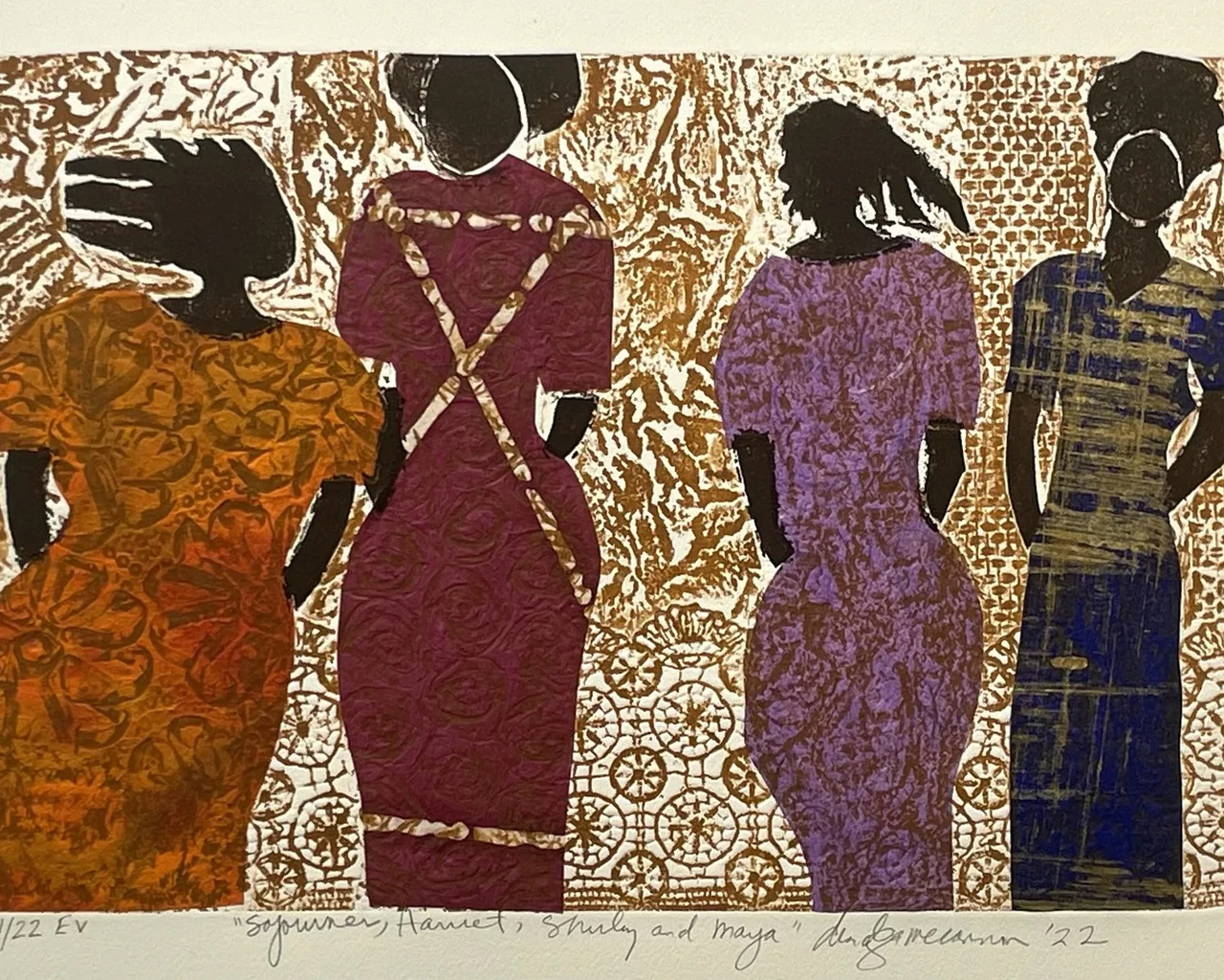 Dindga McCannon, Sojourner, Harriet, Shirley, and Maya, 2022, collagraph with chine colle, 17 ¾” x 23”. Printed by Justin Sanz, published by Robert Blackburn Printmaking Workshop.&nbsp;