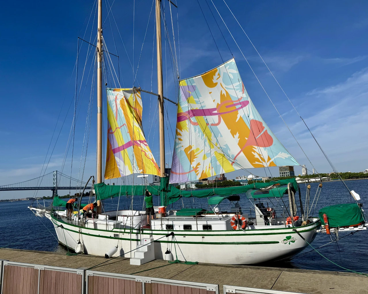 indira allegra, Sail Through This to That, textile installation, 2026, Spruce Street Harbor Park, Philadelphia. Photo by The Pew Center for Arts &amp; Heritage.