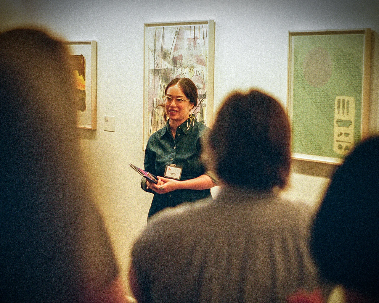 Lehuauakea discusses their 2021 print The Tools that Hina Gave Us at the opening for The Print Center's America Today, April 24, 2026. Photo by The Pew Center for Arts &amp; Heritage.