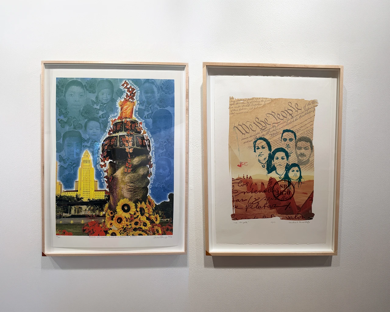 Consuelo Flores, Monarchs and Migration: Children at the Border of Freedom (left), 2026, screenprint, Self Help Graphics &amp; Art, Los Angeles. Sandra Fernández, We...the Gente, 2014, screenprint, Coronado printstudio, Austin. Both prints are featured in America Today, The Print Center, Philadelphia, 2026. Photo by The Pew Center for Arts &amp; Heritage.