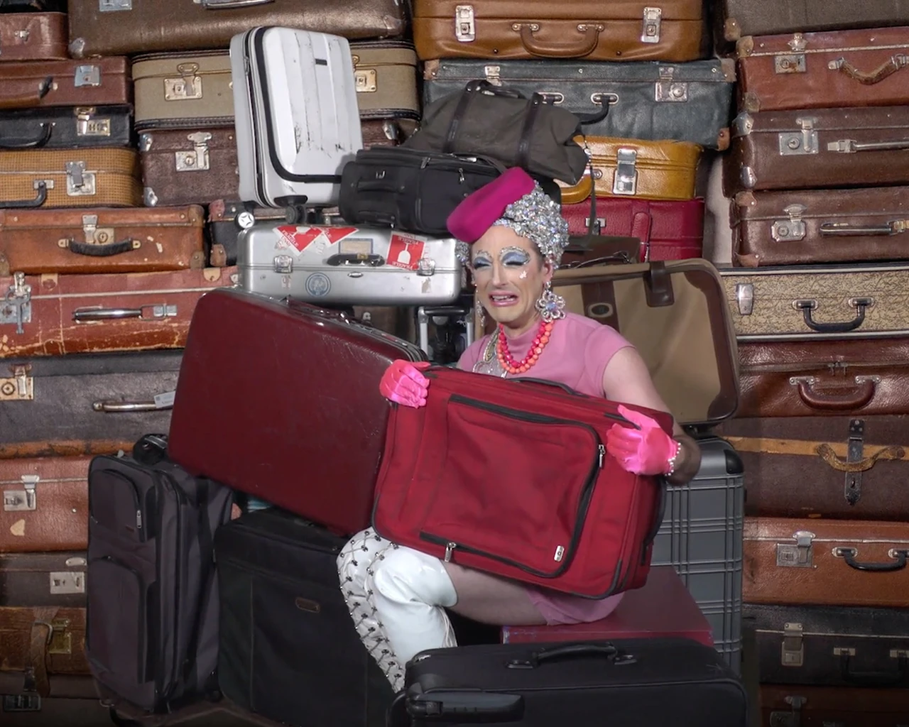 A white woman in a pink flight attendant's dress and hat holding an unzipped suitcase sits in front of a wall of vintage suitcases
