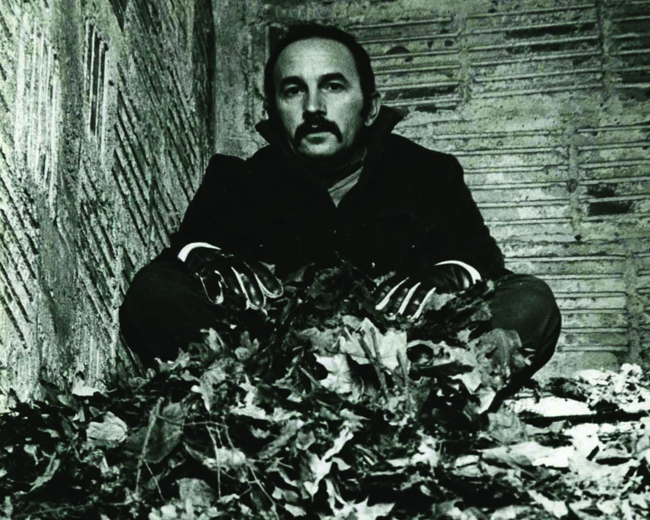 A person sitting against a brick wall on a pile of dry leaves, wearing dark clothing and gloves.