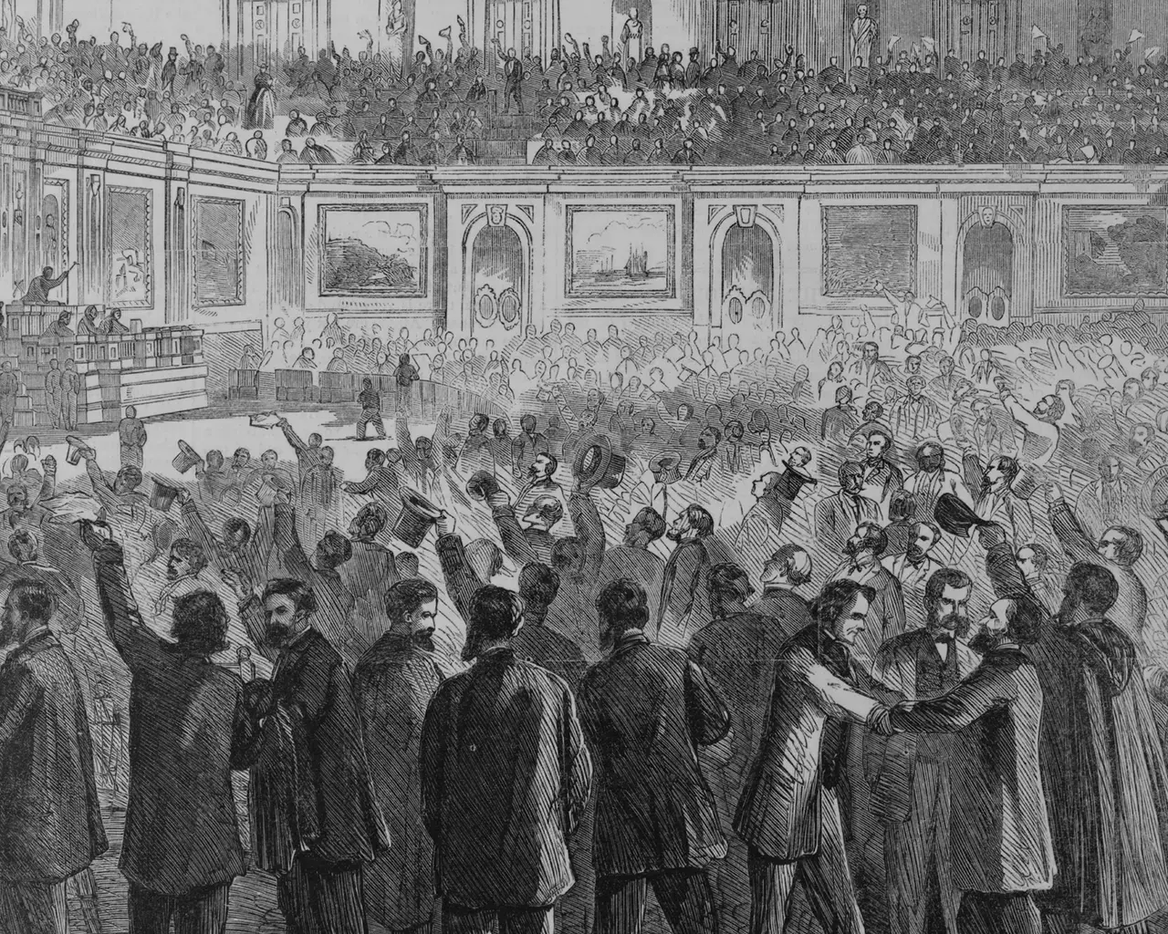 "Reconstruction and the Fourteenth Amendment Project,"&nbsp;scene in the House on the passage of the proposition to amend the Constitution, January 31, 1865. Photo courtesy of the National Constitution Center.