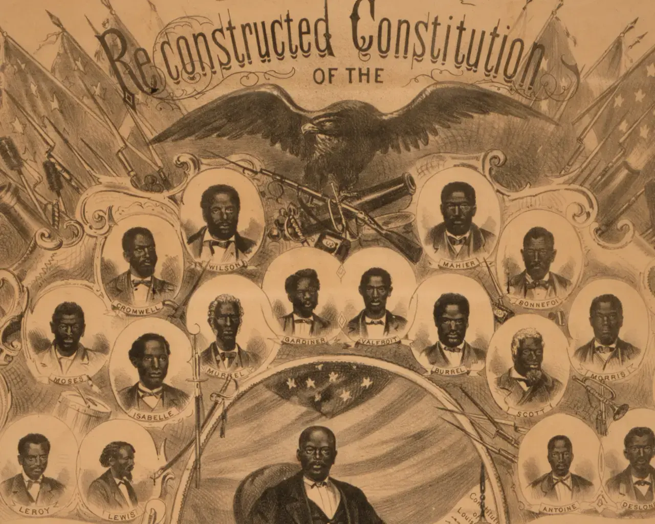 "Reconstruction and the Fourteenth Amendment Project,"&nbsp;extract from the reconstructed Constitution of the state of Louisiana, portraits of the distinguished members of the Convention &amp; Assembly,1868. Photo courtesy of the National Constitution Center.