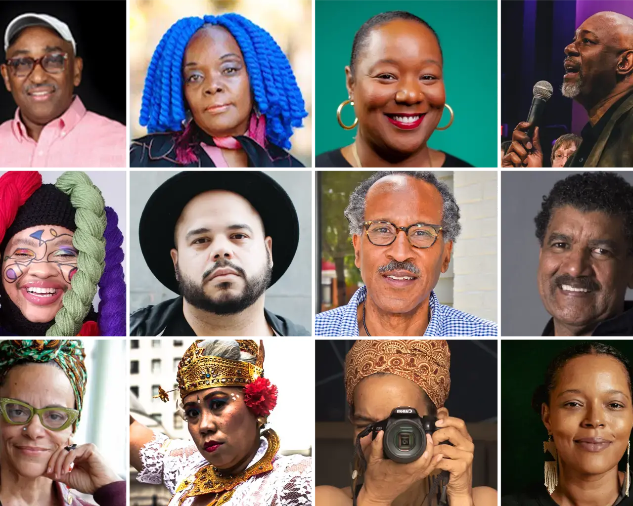 2022 Philadelphia’s Cultural Treasures fellows. From left to right, starting at the top: Daryl Kwasi Burgee, Vashti Dubois, Maori Holmes, Homer Jackson, Wit López, Roberto Lugo, Louis Massiah, Pepón Osorio, Ursula Rucker, Sinta Penyami Storms, Andrea Walls, and Yolanda Wisher. Daryl Kwasi Burgee photo by Earl Brown, Vashti Dubois photo by Zamani Feelings, Maori Holmes photo by Rashid Zakat, Homer Jackson photo by Alexis Simmons, Wit López by the artist, Roberto Lugo photo by Neal Santos, Pepón Osorio by Sam Fritch, Ursula Rucker photo by Emma Lee and courtesy of WHYY, Sinta Penyami Storms photo by Rainey Backues, Andrea Walls photo by the artist, Yolanda Wisher photo by Naomieh Jovin and courtesy of Monument Lab.