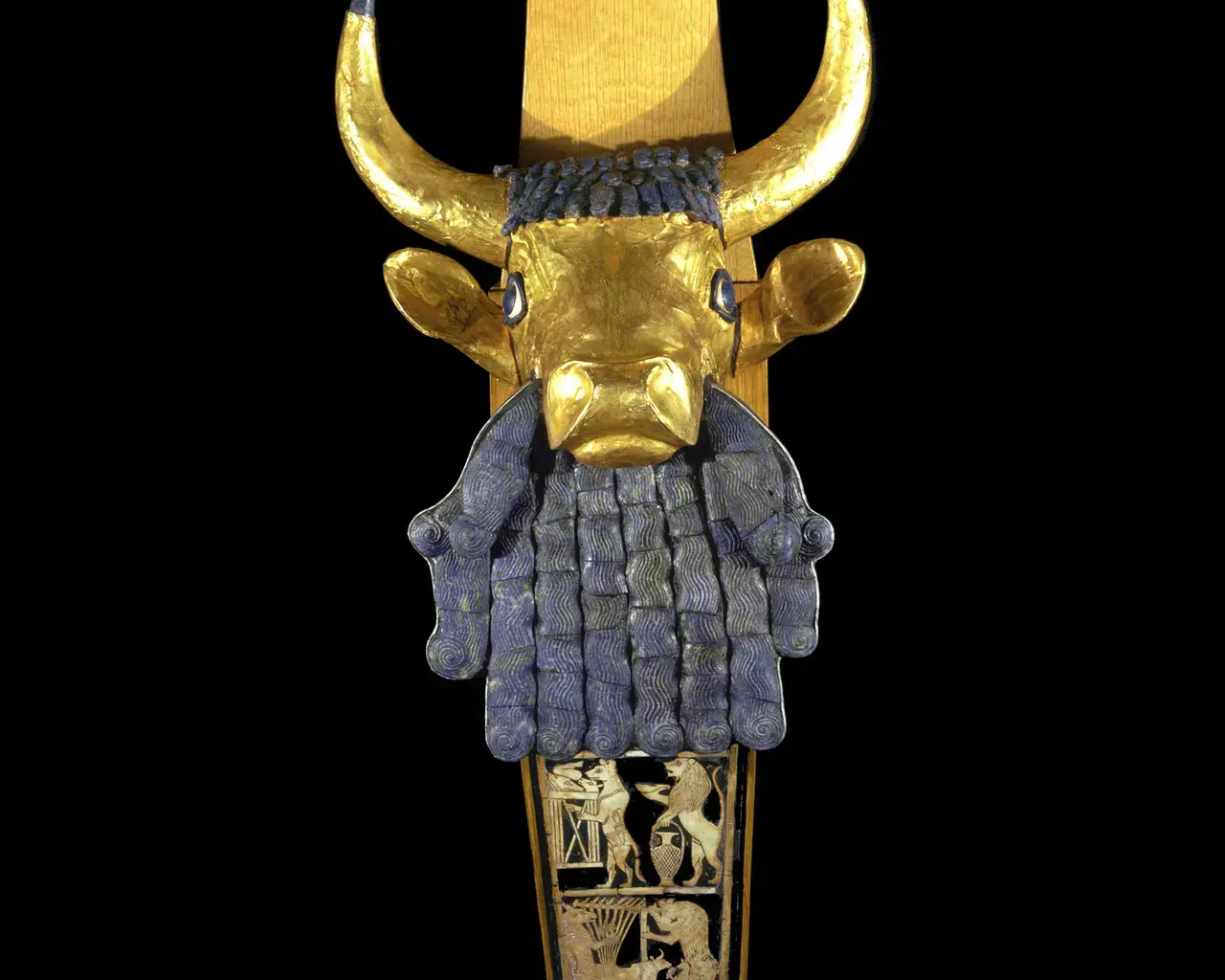 Bull-headed Lyre (head height: 35.6 cm; plaque height: 33 cm) from the Woolley-coined &ldquo;King&rsquo;s Grave&rdquo; royal tomb of Private Grave, 789, constructed with gold, silver, lapis lazuli, shell, bitumen and wood, ca 2550 BCE at Ur. Photo courtesy of Penn Museum.