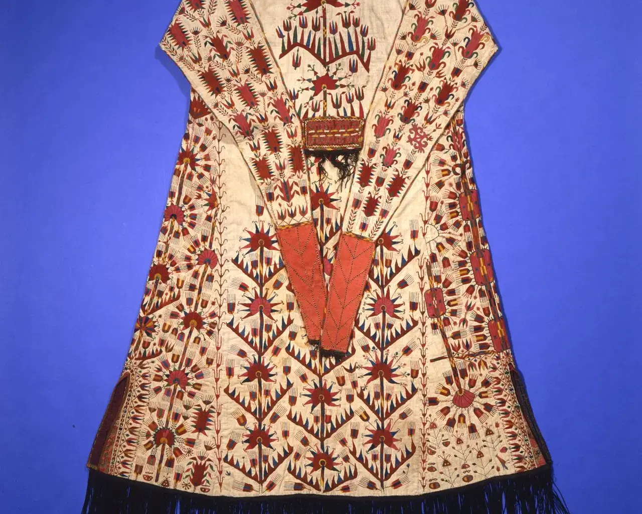 Women&#39;s coat (Ak Chirpi), multi-color hand-embroidered robe with fringe along edge of hem., from Central Asia, Turkmenistan, made ca. 1890, purchased for the Penn Museum from A. Barsa in 1913. Photo courtesy of Penn Museum.