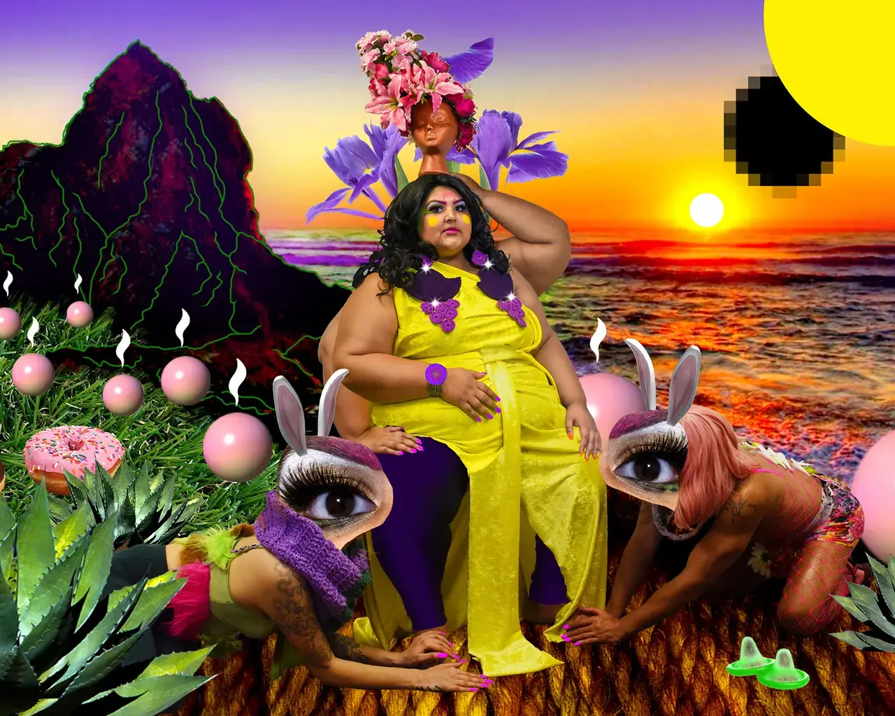 Pew Fellow Eva Wu, Donut Diety in A Strange Paradise, 2018, digital collage and mixed media light box. Featured: Sonalee Rashatwar with costuming by Wit&nbsp;López.