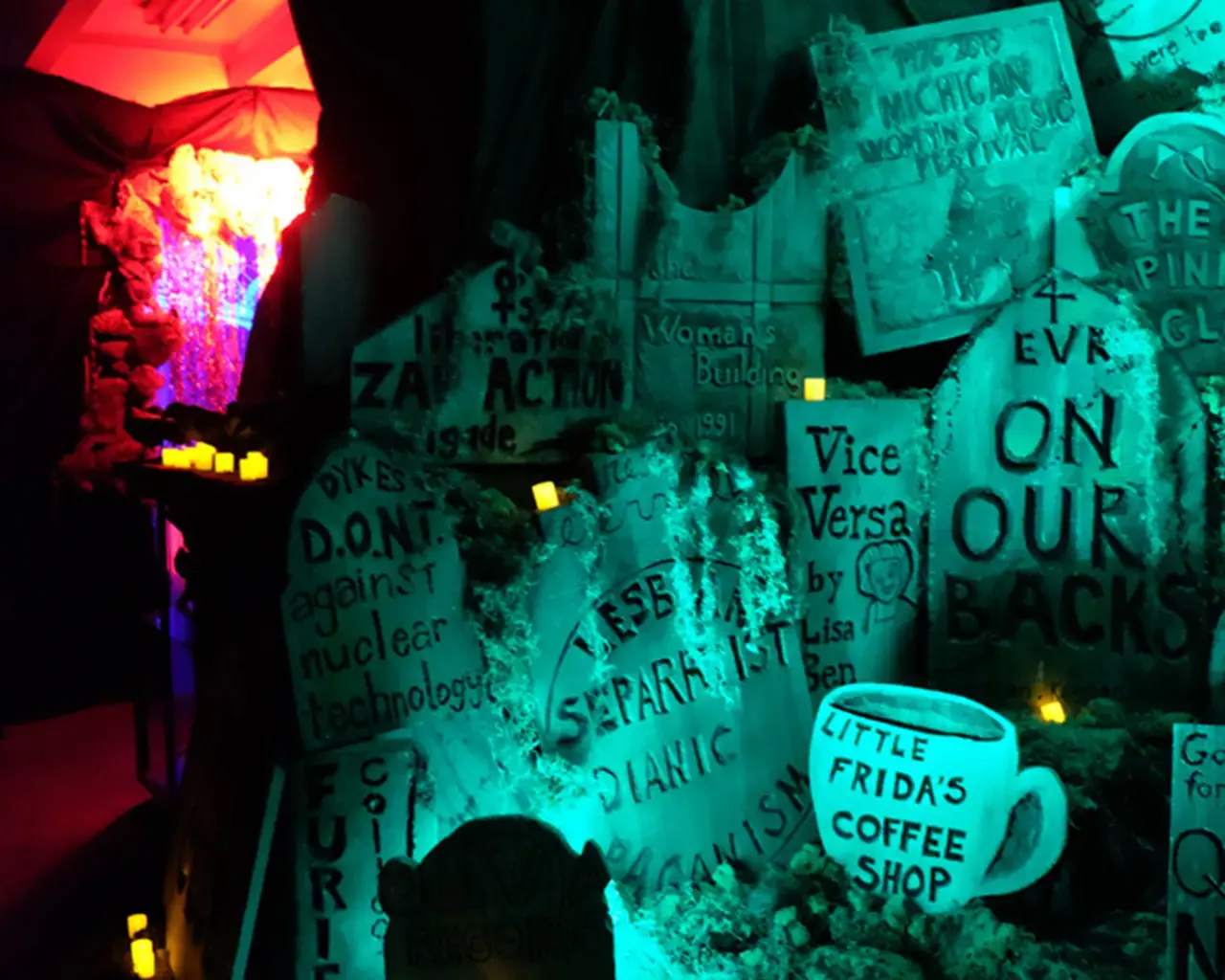 Allyson Mitchell and Deirdre Logue, Killjoy’s Kastle installation view, graveyard of dead lesbian feminist organizations, businesses, and ideas. Photograph courtesy of artist.