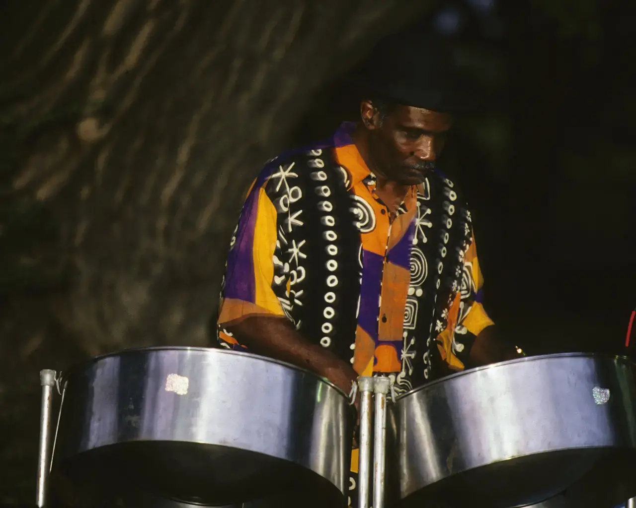 Terrence Cameron playing double tenor pans, Philadelphia Zoo, 1999. Photo courtesy of the artist.