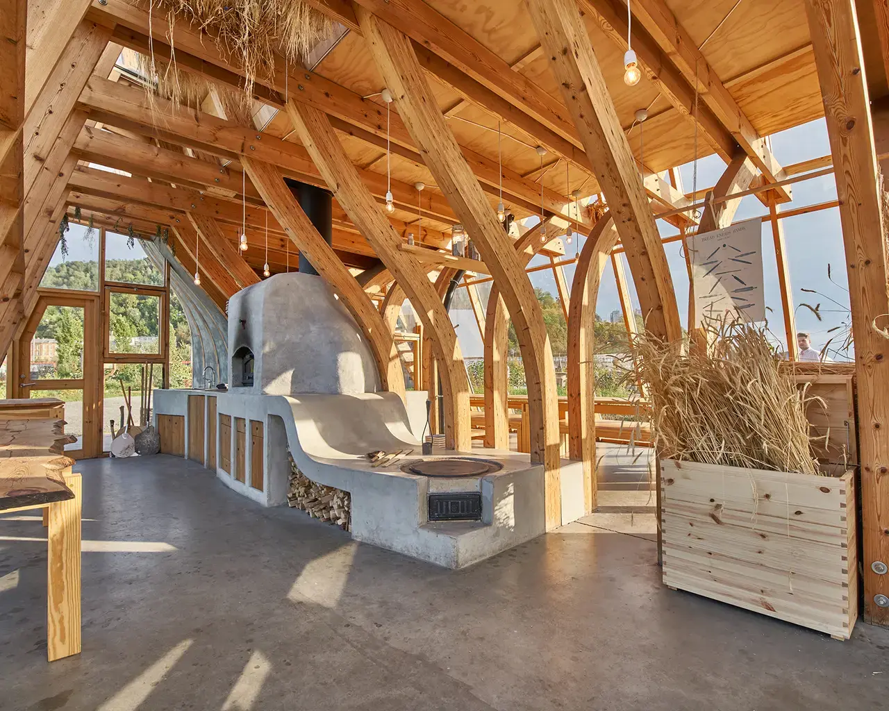 Futurefarmers,&nbsp;Flatbread Society Bakehouse, permanent public artwork (exterior), 2017; wood, rammed earth, glass; 750 sq. ft. (interior), 1076 sq. ft. (exterior), 16' 5" (height). Photo by Monica&nbsp;Løvdahl, courtesy of&nbsp;Futurefamers.