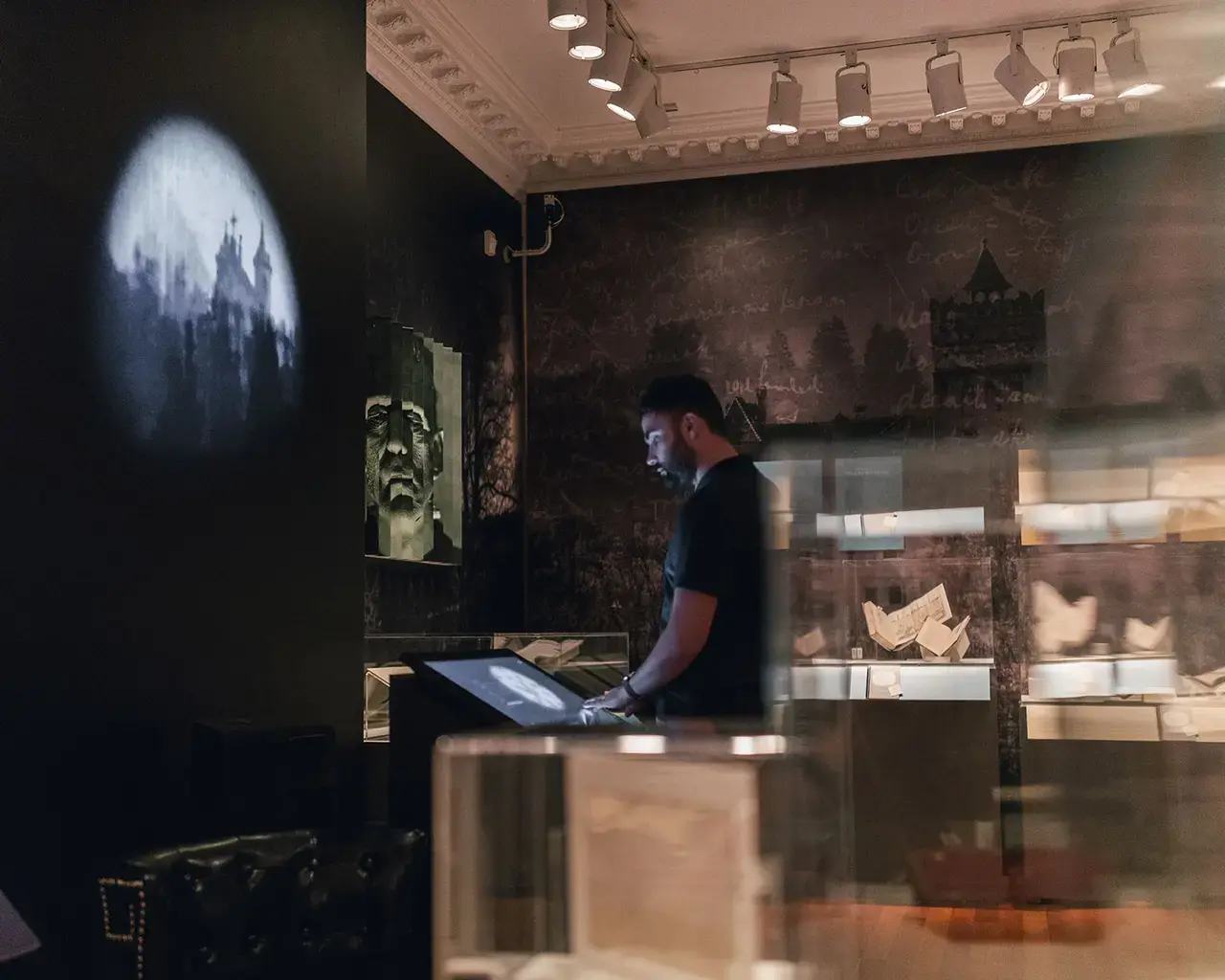 The Rosenbach of the Free Library of Philadelphia, Frankenstein &amp; Dracula: Gothic Monsters, Modern Science, 2017, view of digital interactives. Photo courtesy of Bluecadet.